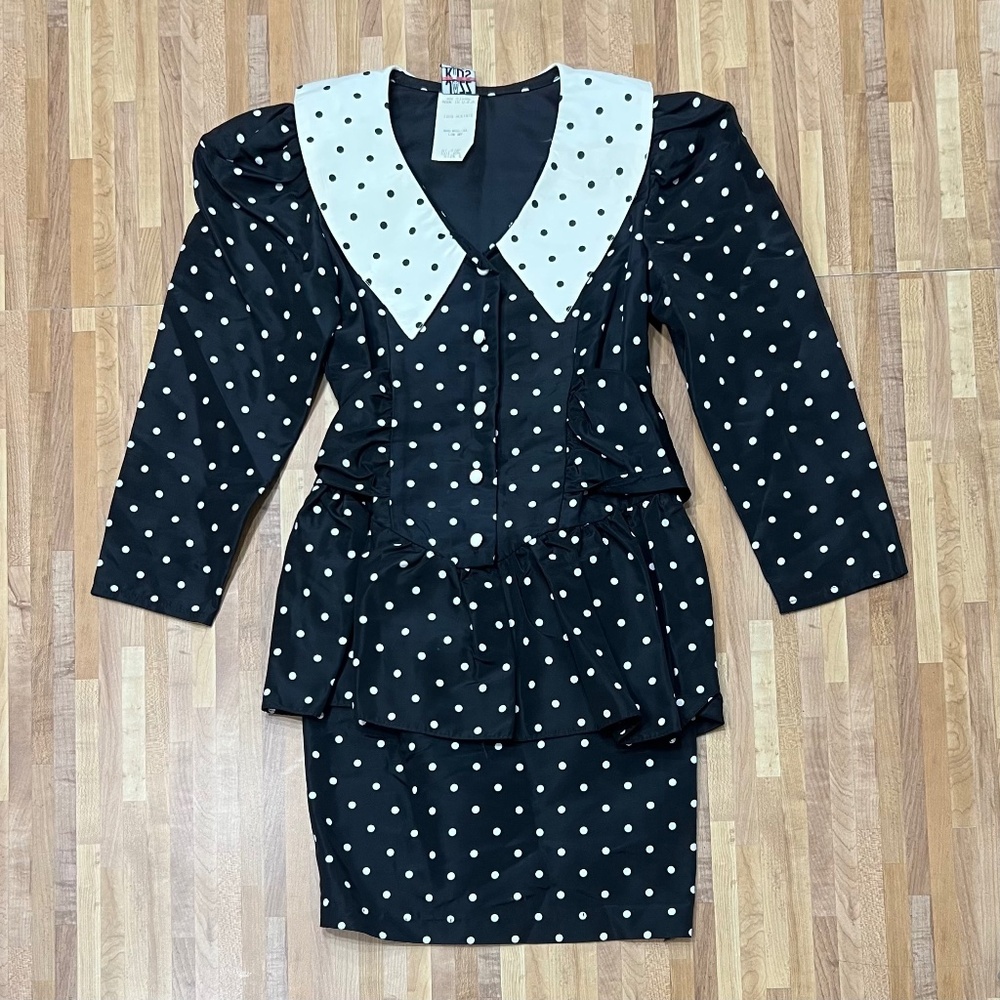 Vintage 80s Jazz Kids Black & White Polka Dot Dress Peplum Bow Puff Sleeve Size